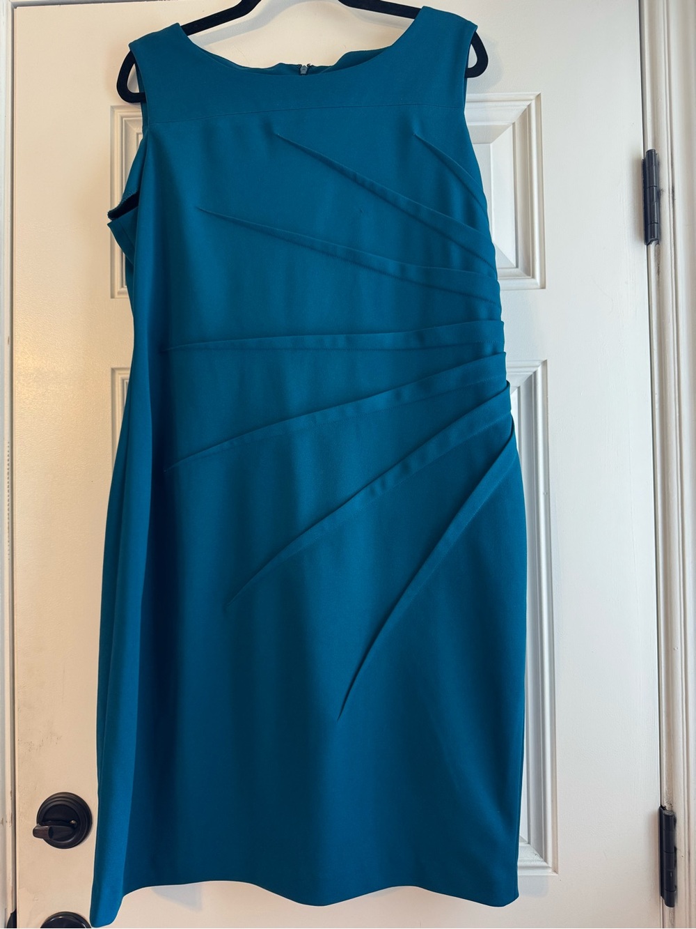 Andrew Marc Teal Sleeveless Midi Sheath Dress with Diagonal Pleats